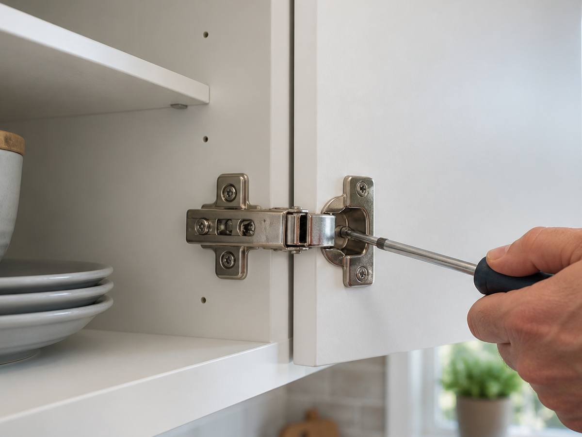 A soft-close hinge sits inside the frame of an open cabinet door.