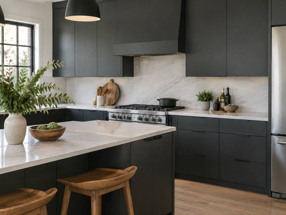Charcoal flat-front kitchen cabinets with a marble backsplash, island and wood stools