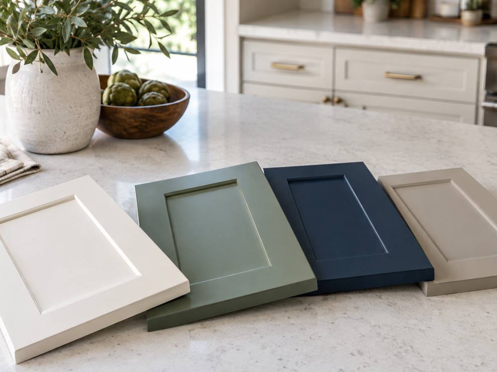 Four painted sample doors in white, sage green, navy and greige on a counter