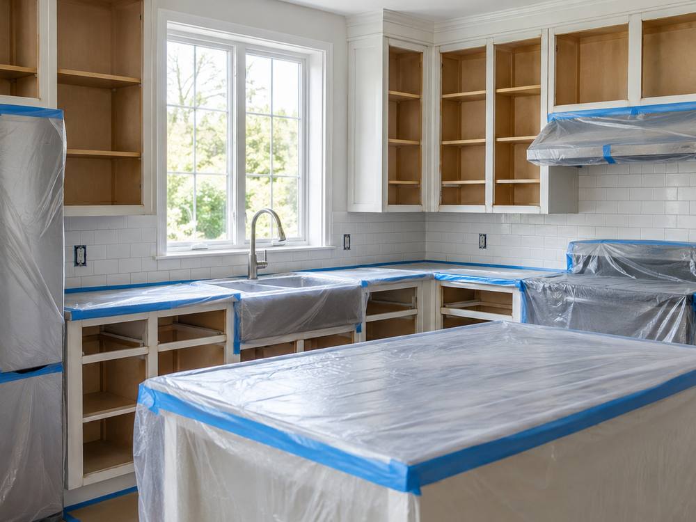 Kitchen counters, sink and range hood wrapped in plastic and blue tape