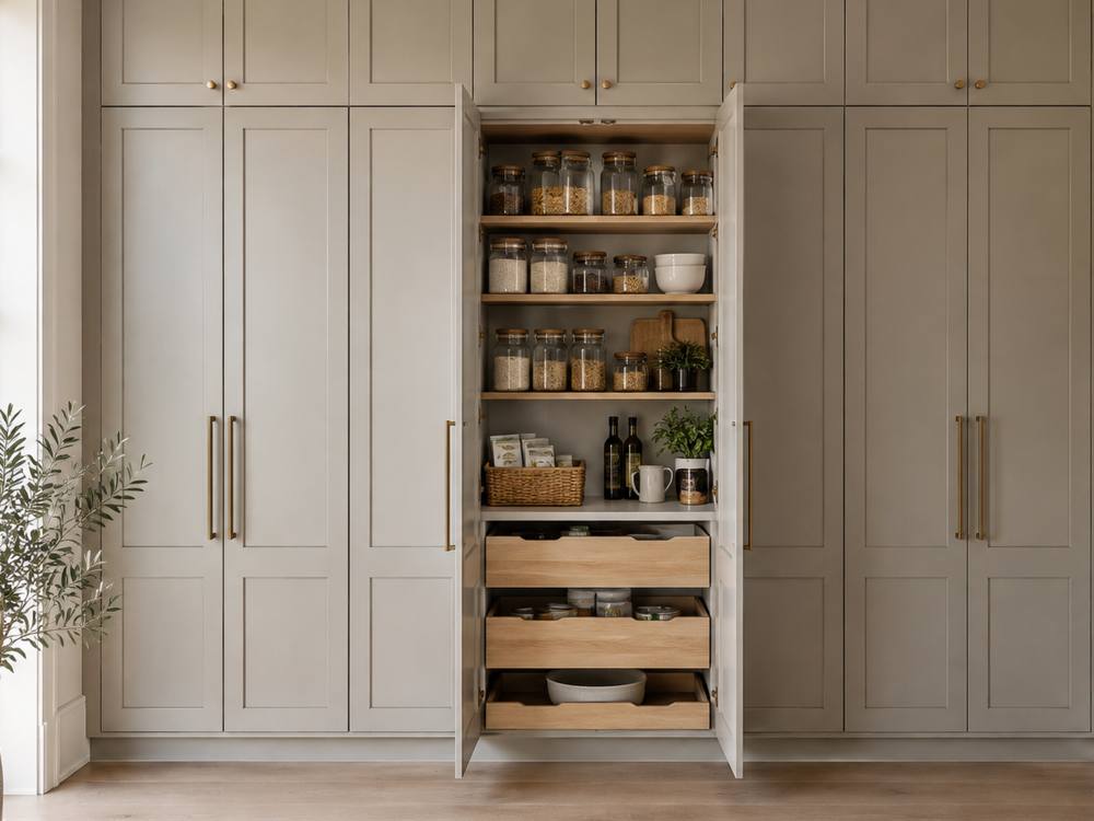 A tall greige pantry wall with one door open showing jars and pull-out drawers