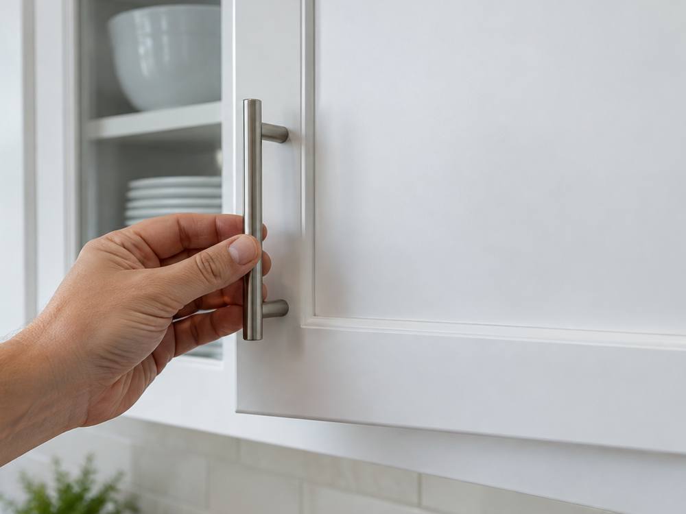 A hand holds a brushed steel bar pull on a smooth white shaker door
