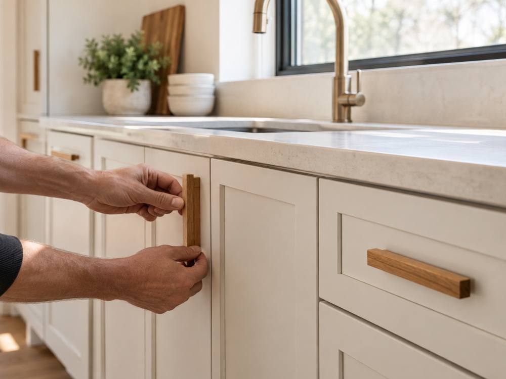 Hands fitting wooden pulls on cream shaker cabinets beside a brass kitchen faucet