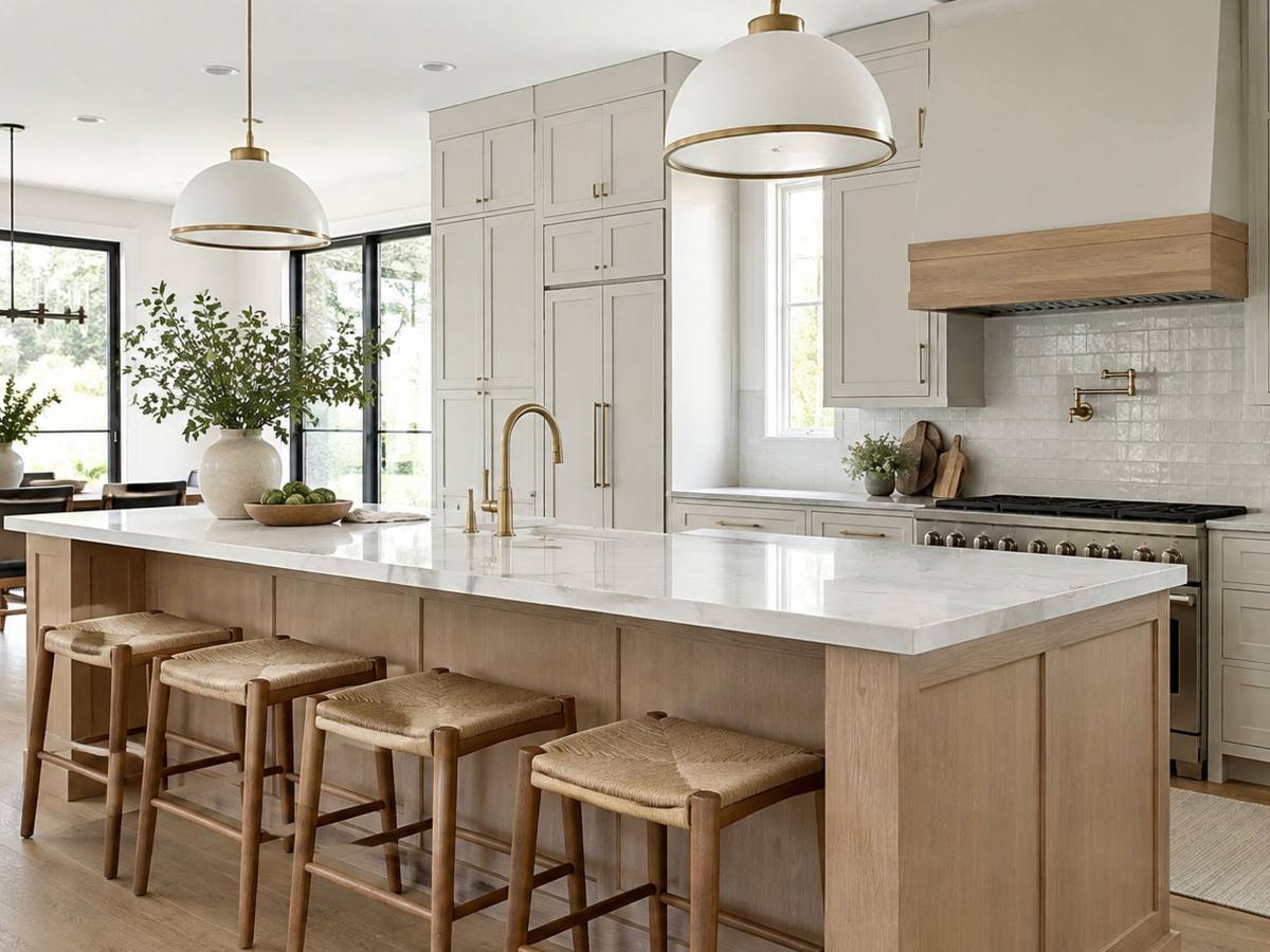 An open-plan Cambridge kitchen with a painted island under three hanging pendant lights.