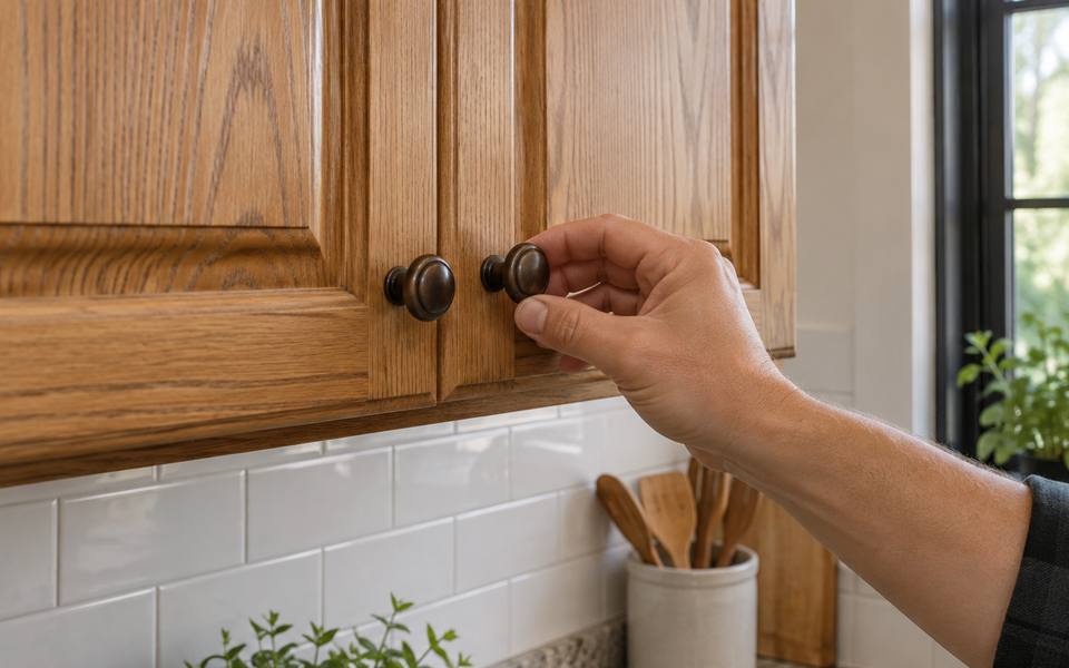 An oil-rubbed bronze knob is fixed to the rail of an oak door.