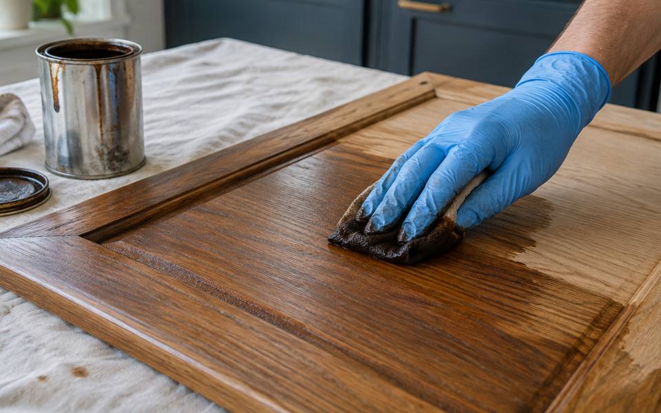 A folded cloth spreads fresh stain along the grain of a wood cabinet door.