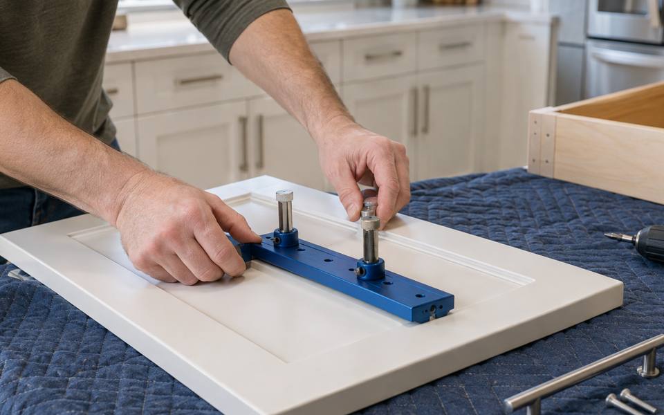 A drilling template jig is clamped to a door ready for new handle holes.