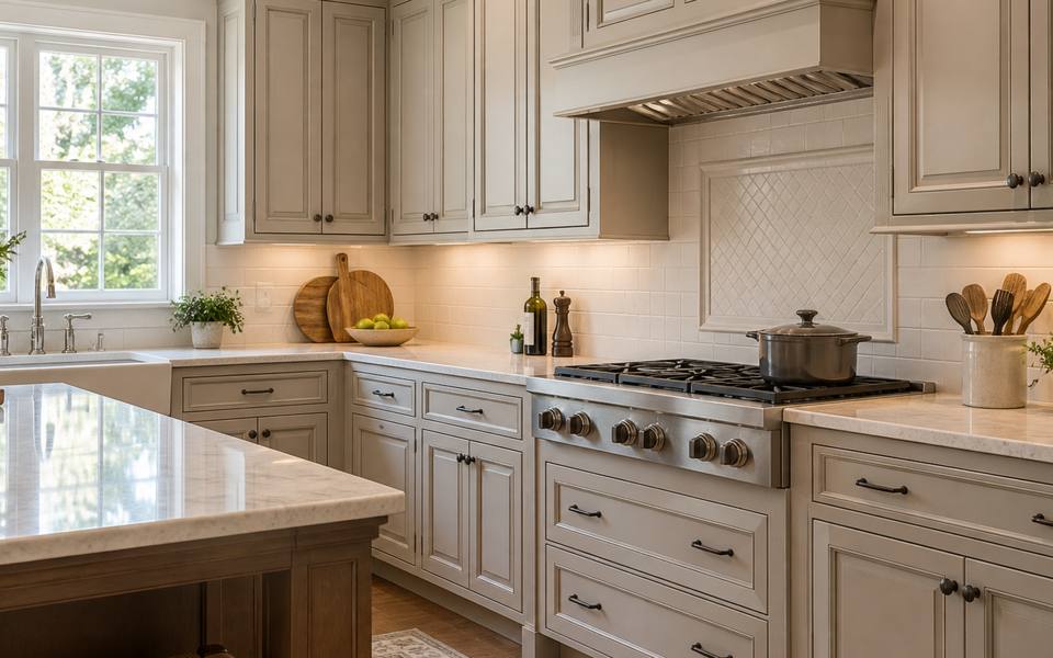 Warm greige painted doors carry small brass knobs in this close view.