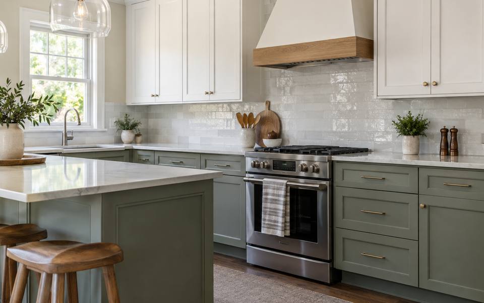 Light upper cabinets sit above darker lower cabinets in a finished two-tone kitchen.