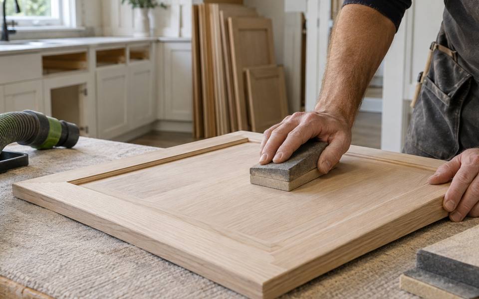 A hand works a sanding block across the face of an oak cabinet door.