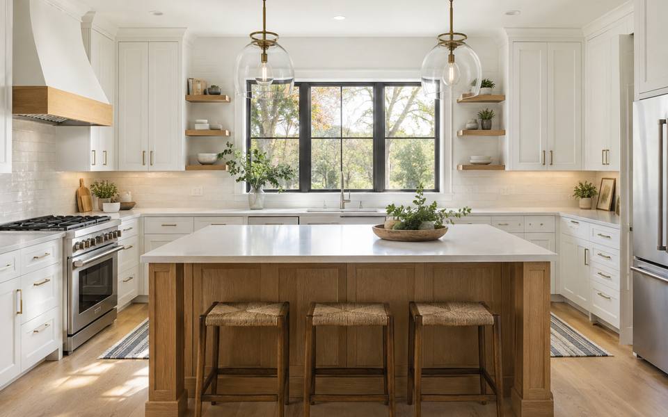 A cream painted kitchen in a remodelled Cambridge house centres on a large island.