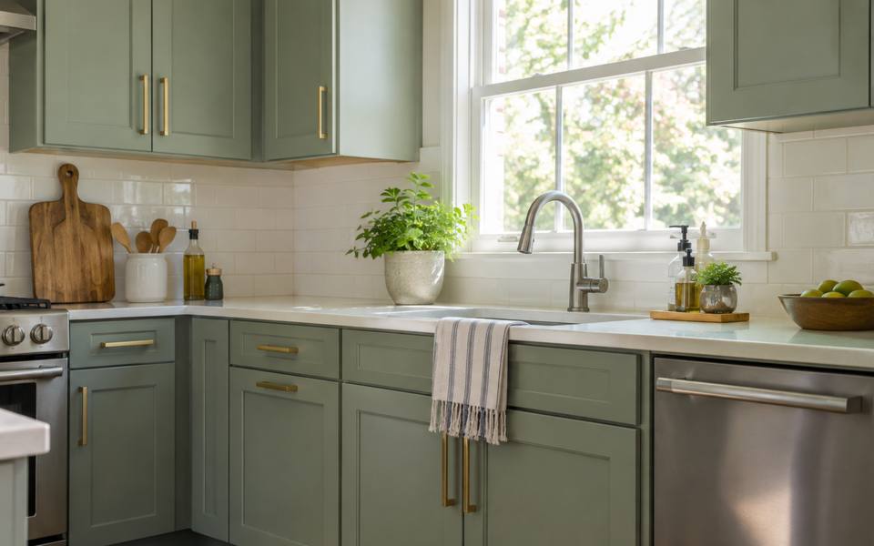 Sage green lower cabinets meet white uppers fitted with slim brass pulls.