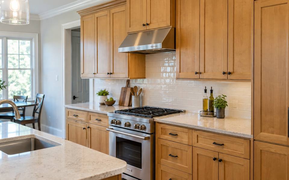 A honey maple kitchen keeps its warm stained finish across every door and drawer.