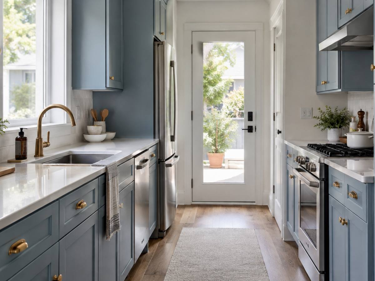 A narrow galley kitchen finished in blue-grey paint with pale counters above.